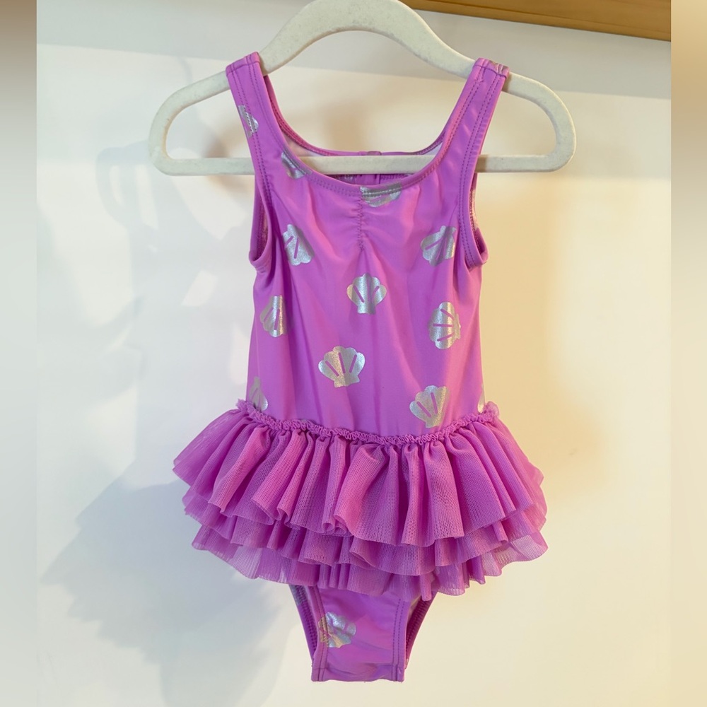Cat & Jack Purple-Pink Ruffle One-Piece Swimsuit with Silver Shells — 2T